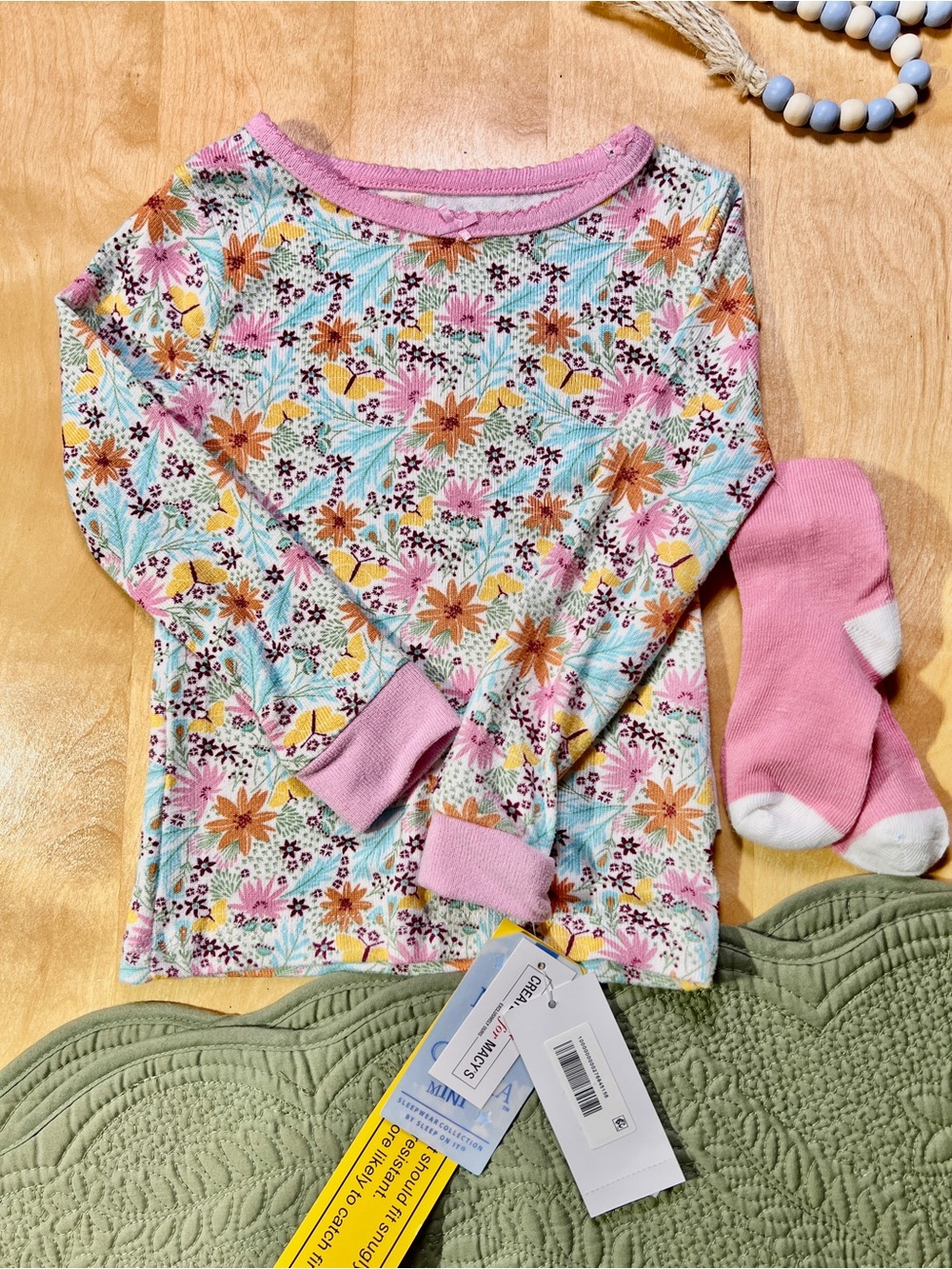 Max&Olivia Girls Floral Long-Sleeve Pajama Top+Socks  in Pink Set